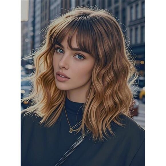 Other - Brown Mixed Blonde Wigs with Bangs Bob Wavy Wigs